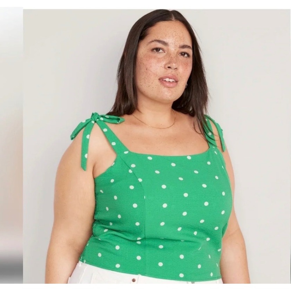 NEW Old Navy Women XL Green Polka Dot Tie-Shoulder Cropped Dobby Corset Cami Top